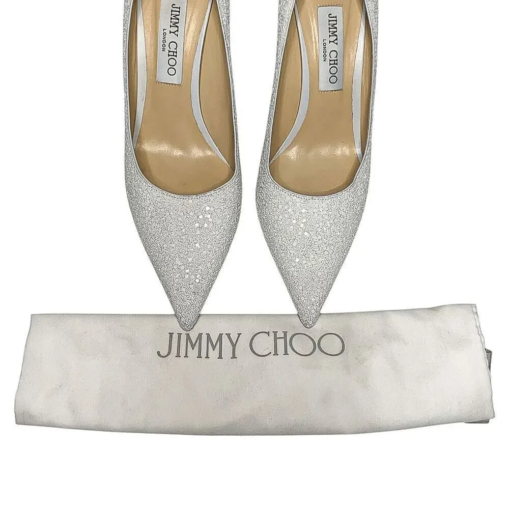 Jimmy Choo Love 85 White Coarse Glitter Heels EU 40.5 Slip On Wedding Pumps